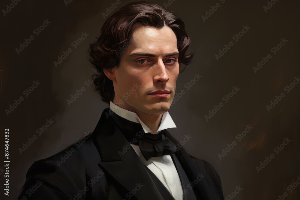 Digital painting of a sophisticated young man dressed in a formal black tuxedo Digital painting of a sophisticated young man dressed in a formal black tuxedo