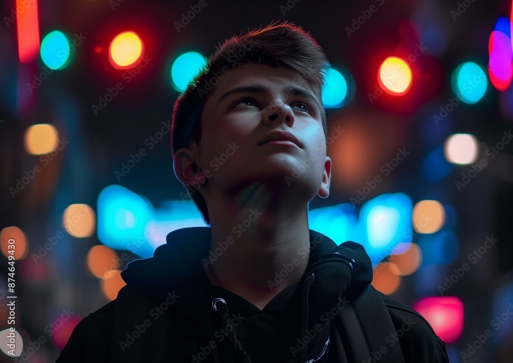 Teenager Reflecting in Vibrant Urban Night Lights – Inspirational Portrait Photography. Teenager Reflecting in Vibrant Urban Night Lights – Inspirational Portrait Photography.