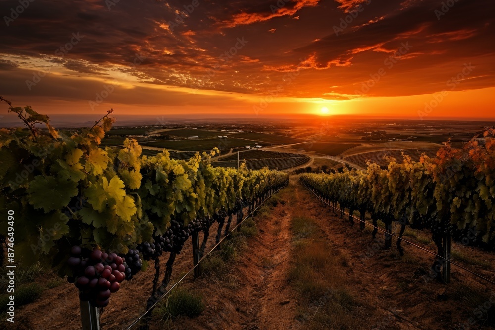 Naklejka premium Golden hour sunset over picturesque vineyard landscape with grapevines, serene nature, and panoramic fields in a scenic rural countryside, highlighting the beauty of viticulture and winemaking
