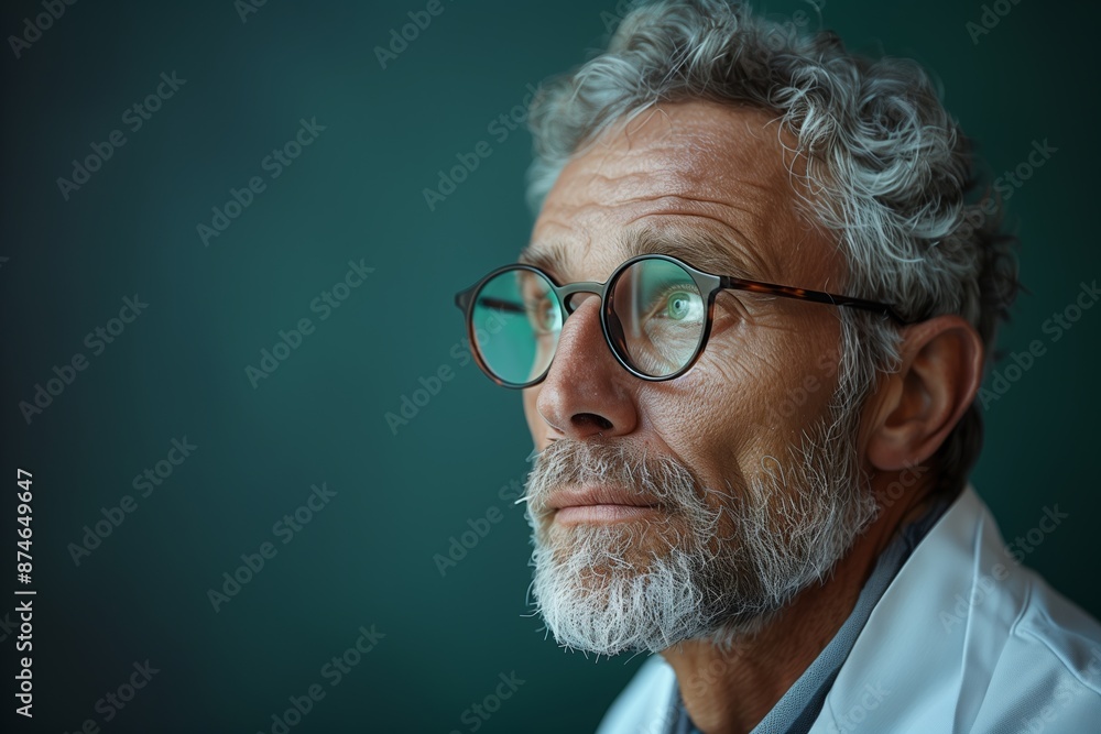 Obraz premium Inquisitive Scientist in Lab Coat Examining Object with Gray Hair and Glasses