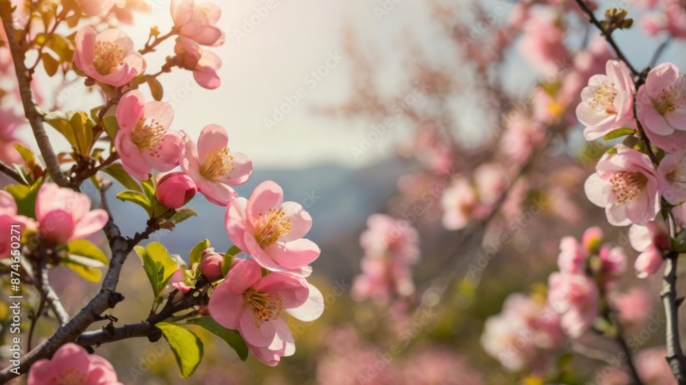 a banner for a website with pink blooming Japanese quince flowers, against a bright, sunny landscape background with a delicate bokeh effect a banner for a website with pink blooming Japanese quince flowers, against a bright, sunny landscape background with a delicate bokeh effect