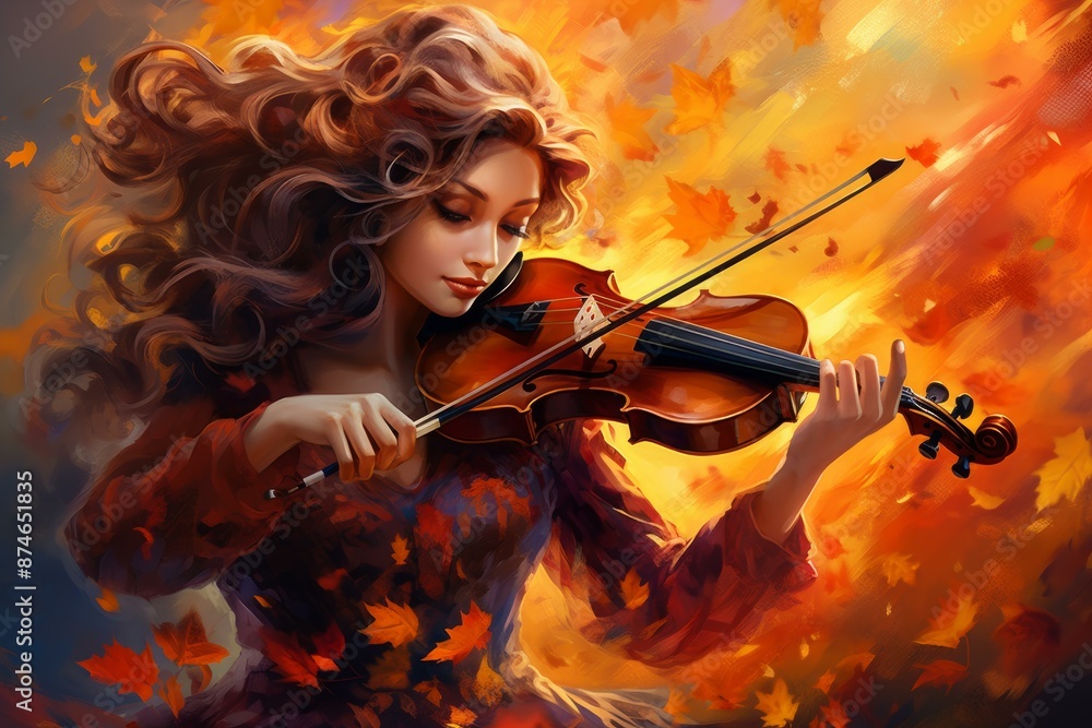 Fototapeta premium Surreal illustration of a woman playing violin surrounded by vibrant fall foliage