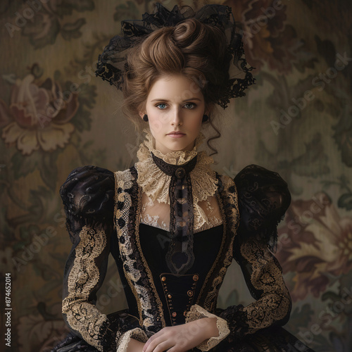 Victorian era ladies portrait, fancy ornate gowns and corsets, aristocratic fashion photo