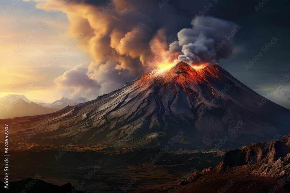Stunning view of a volcanic eruption with vibrant lava flows and ash clouds against a dramatic sunset sky Stunning view of a volcanic eruption with vibrant lava flows and ash clouds against a dramatic sunset sky