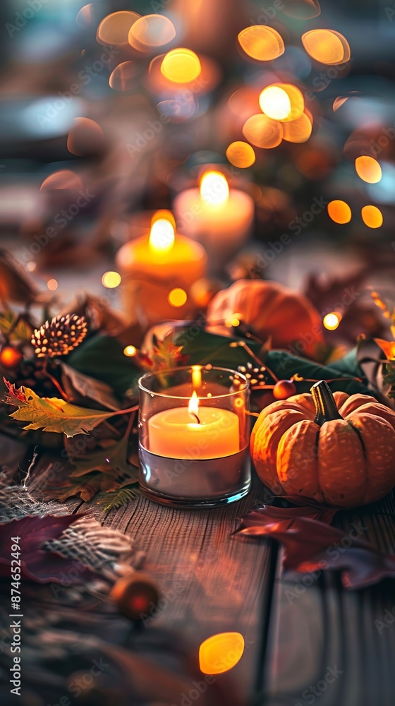 Cozy autumn table setting with candle light and small pumpkins. Concept of fall decoration, Thanksgiving dinner, festive atmosphere. Vertical Cozy autumn table setting with candle light and small pumpkins. Concept of fall decoration, Thanksgiving dinner, festive atmosphere. Vertical