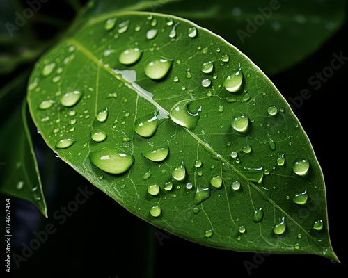A single green leaf with drops of water, representing a fresh summer rain