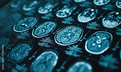 Multiple MRI brain scans showing different angles and sections. Medical imaging for neurology, brain health, and disease diagnosis. photo