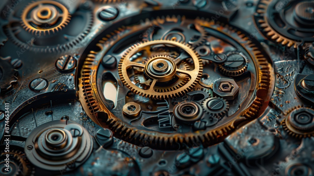 Close-up of intricate clockwork mechanism with gears and cogs, showcasing precision engineering and detailed craftsmanship. Close-up of intricate clockwork mechanism with gears and cogs, showcasing precision engineering and detailed craftsmanship.
