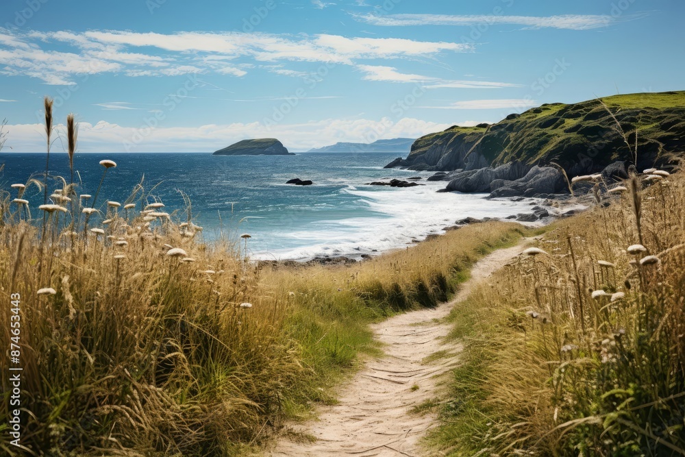 A stark image of a footpath leading to a secluded beach, with wild grass on either side A stark image of a footpath leading to a secluded beach, with wild grass on either side