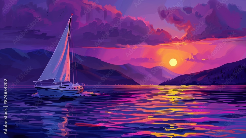 Fototapeta premium Sunset illustration colorful depicting sailboat moving gentle ocean waves in sky leisure sailing sea mountains landscapes travel