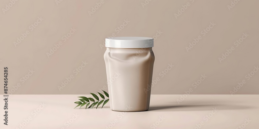 3D Render of Beige Bottle with White Lid and Green Leaf on Table 3D Render of Beige Bottle with White Lid and Green Leaf on Table