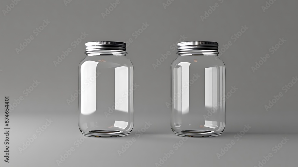 Two Empty Glass Jars with Silver Lids on Grey Background 3D Render Two Empty Glass Jars with Silver Lids on Grey Background 3D Render