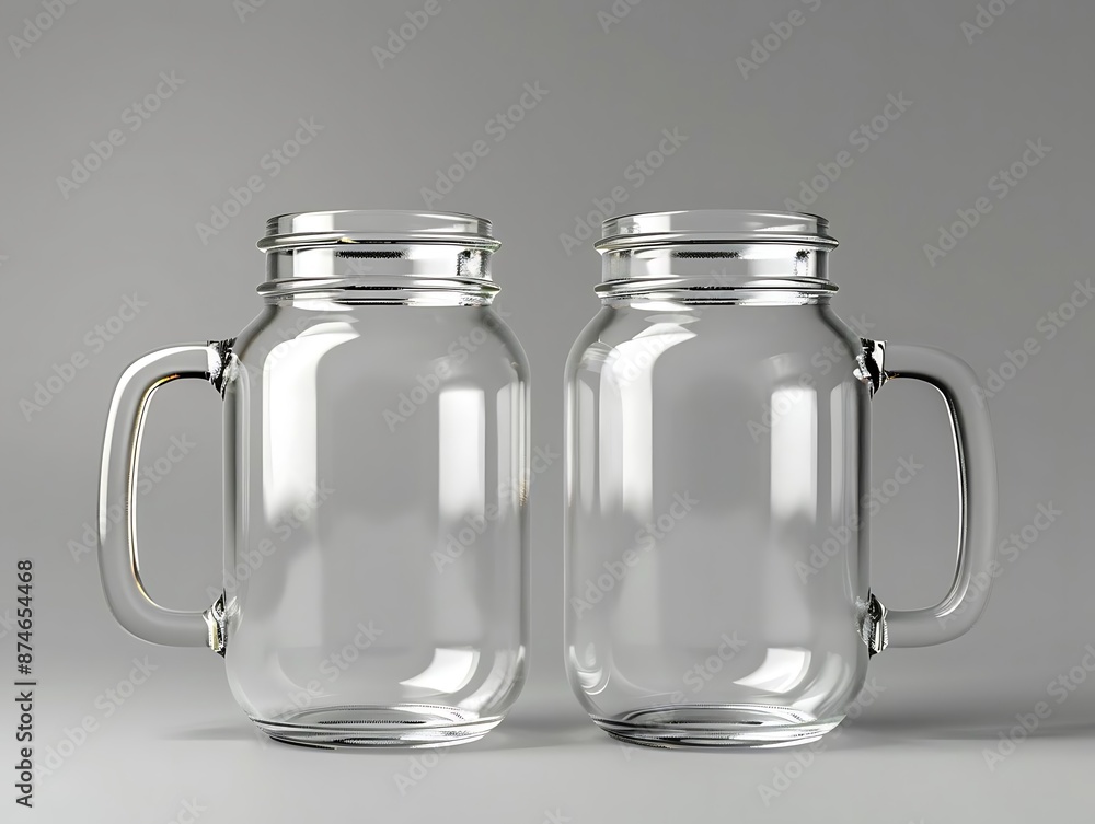 Two Clear Glass Mason Jars with Handles 3D Illustration Two Clear Glass Mason Jars with Handles 3D Illustration