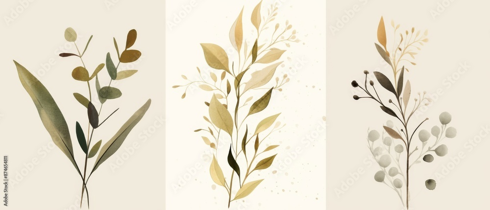 Naklejka premium Set of Three Minimalistic Botanical Wall Art Prints, Abstract Leaves and Flowers in Olive Green and Grey on Beige Background, Vector Illustrations with Copy Space