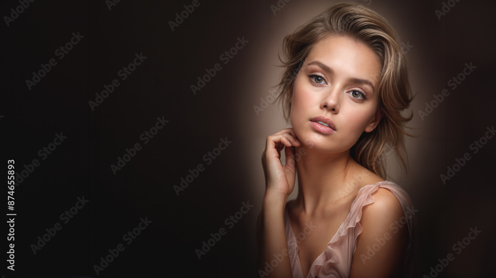 Glamour portrait of a beautiful woman with her hand touching her neck. Light brown hair. Copy space. Skin care and cosmetics. Glamour portrait of a beautiful woman with her hand touching her neck. Light brown hair. Copy space. Skin care and cosmetics.