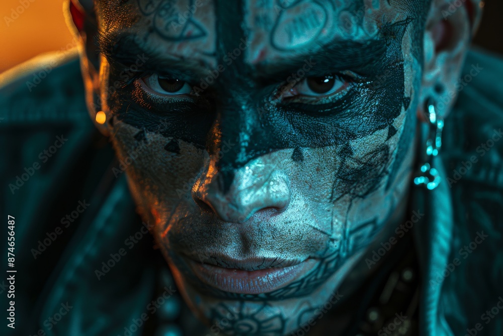 Intense portrait of a man with dark face paint, dramatic lighting, powerful expression, cultural significance, artistic photography, vibrant colors, detailed design, strong presence. Intense portrait of a man with dark face paint, dramatic lighting, powerful expression, cultural significance, artistic photography, vibrant colors, detailed design, strong presence.