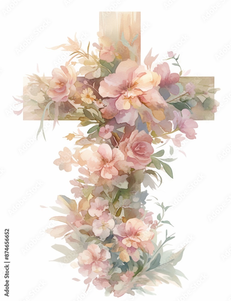 Watercolor Cross with Flowers, Simple Design in Pastel Colors, Isolated on White Background Watercolor Cross with Flowers, Simple Design in Pastel Colors, Isolated on White Background