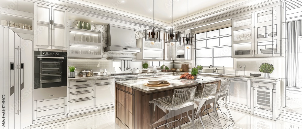 combination of photo and sketch brings this stylish kitchen interior with modern furniture to life perfect for home decor and design inspiration combination of photo and sketch brings this stylish kitchen interior with modern furniture to life perfect for home decor and design inspiration