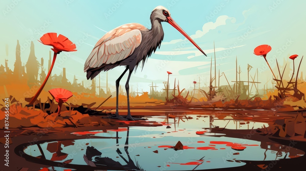 Fototapeta premium Ibis probing mud with its beak flat design top view wetland theme cartoon drawing vivid