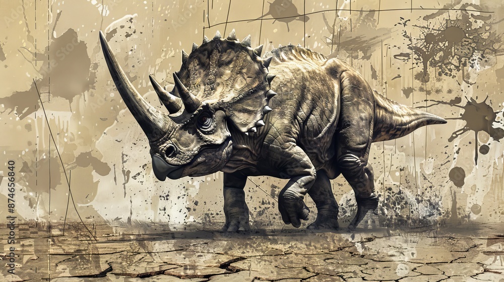 Fototapeta premium Stylized triceratops in a post-apocalyptic scene, concept of prehistoric wildlife, end of the world scenario, digital art, dinosaur