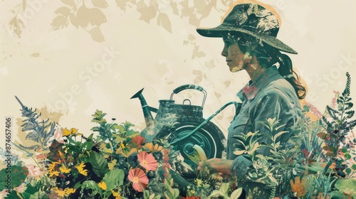 A woman wearing a hat is watering flowers in a garden The background is a soft, light green color The image has a painterly feel to it. AIGZ01 photo