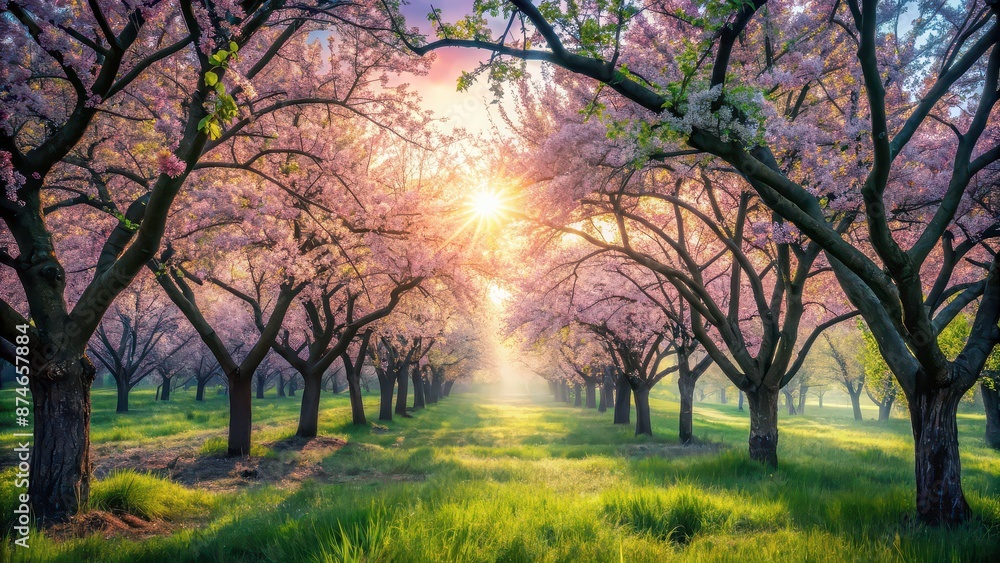 Naklejka premium Peaceful orchard scene with trees bathed in soft liquid hues, orchard, peaceful, soft, liquid, hues, trees, nature, tranquil