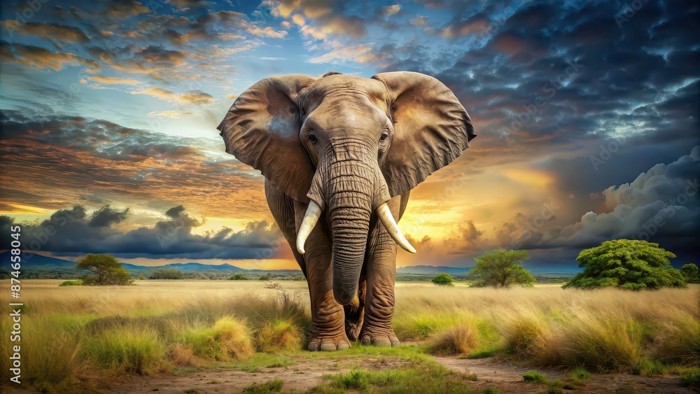 Fototapeta premium Majestic elephant in its natural habitat, wildlife, safari, mammal, tusks, trunk, African, large