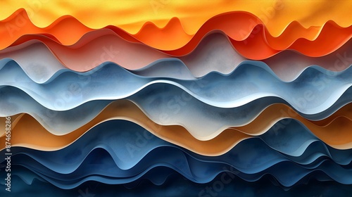 A colorful wave pattern with blue, orange, and yellow colors. The waves are made of paper and appear to be flowing.