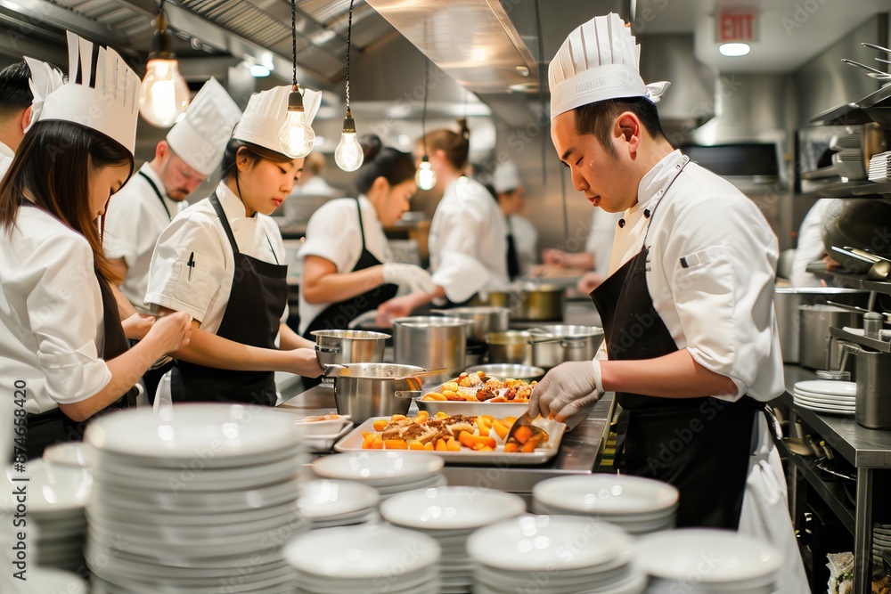 Busy Kitchen Scene with Chefs Preparing Food Busy Kitchen Scene with Chefs Preparing Food