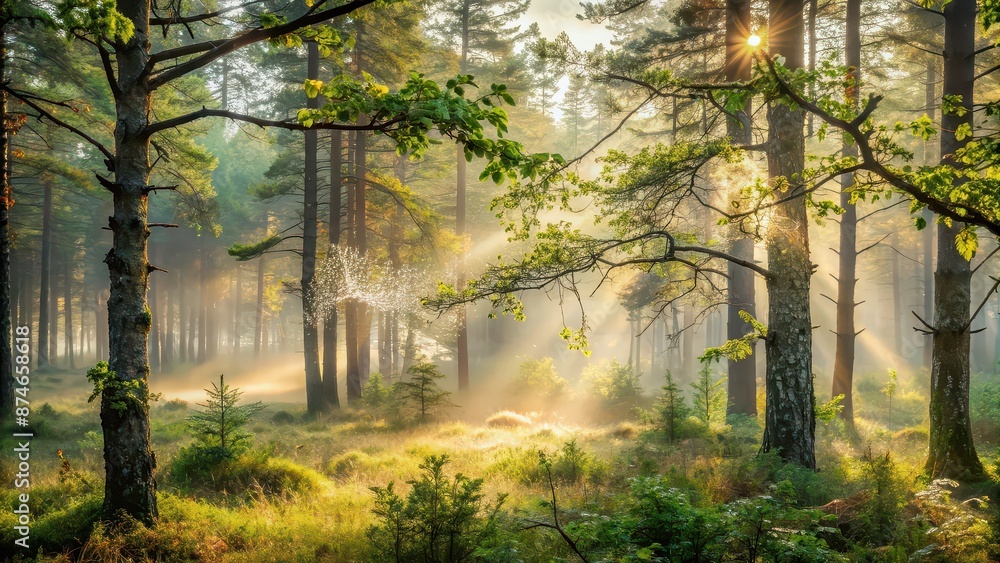 Misty forest in the morning with dew-covered branches, nature, foggy, woodland, trees, morning, mist, ethereal, peaceful Misty forest in the morning with dew-covered branches, nature, foggy, woodland, trees, morning, mist, ethereal, peaceful