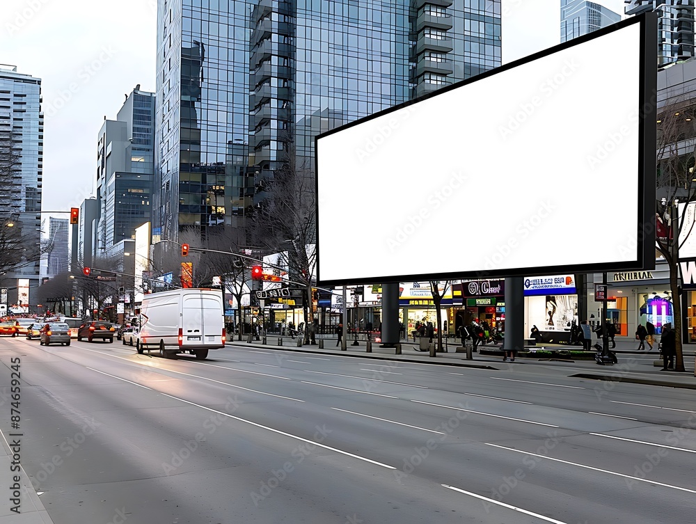 A blank white billboard located on a busy roadside, with cars passing by. The background shows a vibrant urban setting with trees, streetlights, and pedestrians. A blank white billboard located on a busy roadside, with cars passing by. The background shows a vibrant urban setting with trees, streetlights, and pedestrians.