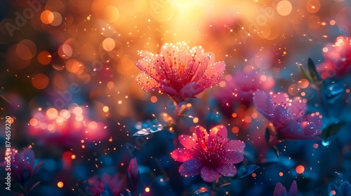 Sunlit flowers with dew drops, a stunning display of nature's elegance. © Asif