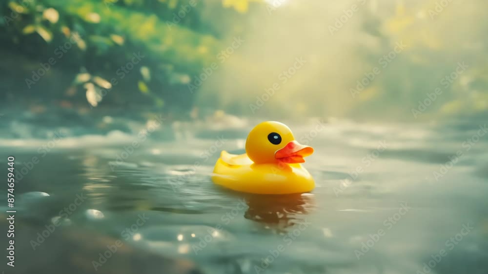 Yellow rubber duck floats in steamy hot spring. Misty atmosphere, stone edges, splashing water create serene yet playful scene. Yellow rubber duck floats in steamy hot spring. Misty atmosphere, stone edges, splashing water create serene yet playful scene.