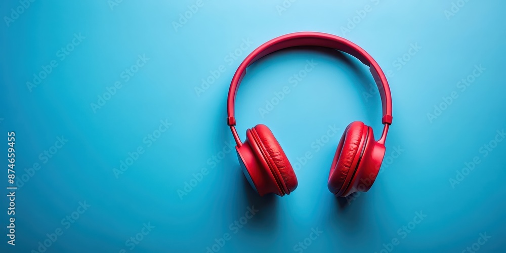 Red headphones representing passion for music on a blue background , music, headphones, red, passion, blue, empty Red headphones representing passion for music on a blue background , music, headphones, red, passion, blue, empty
