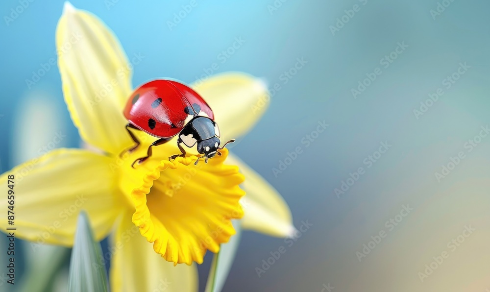 Naklejka premium A close-up of a red ladybug on a yellow daffodil flower with a soft blue background, highlighting the beauty of nature.