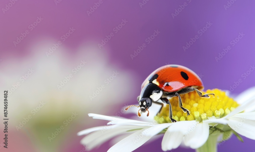 A close-up of a ladybug on a white daisy with a blurred purple background, capturing the delicate details of nature in a macro photograph. A close-up of a ladybug on a white daisy with a blurred purple background, capturing the delicate details of nature in a macro photograph.