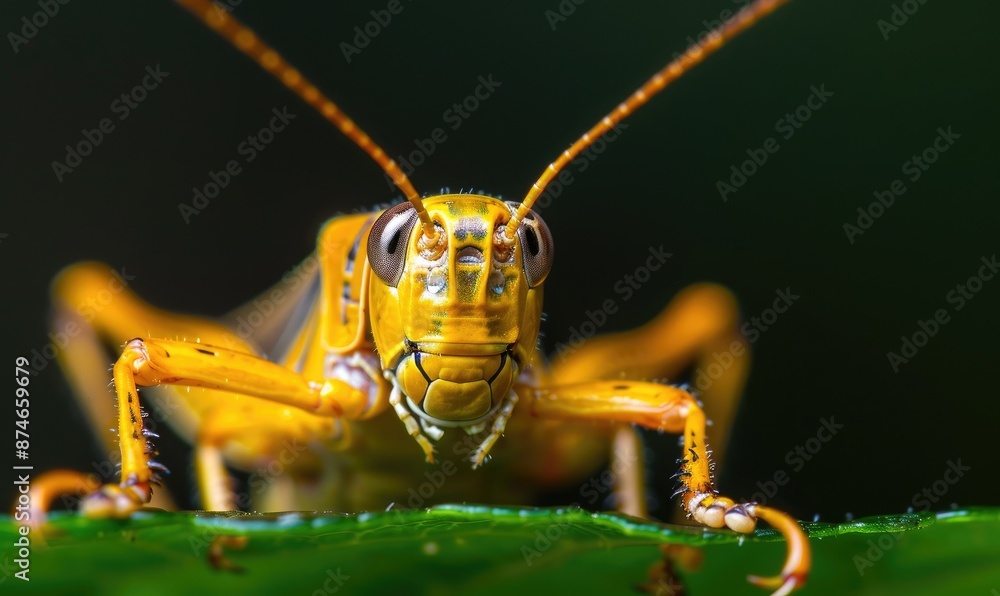Fototapeta premium Close-up macro photo of a vibrant yellow grasshopper on a green leaf with a dark background, showcasing its antennae and intricate details.