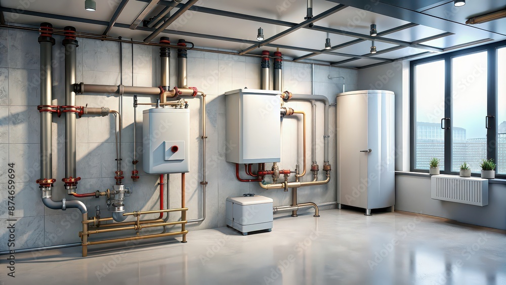 of a boiler room with a home heating system, Boiler room, home, heating, system,, pipes, temperature control of a boiler room with a home heating system, Boiler room, home, heating, system,, pipes, temperature control