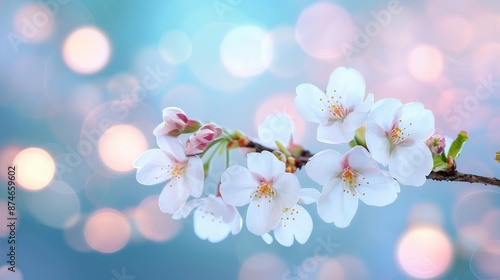 Beautiful cherry blossoms in full bloom with a pastel bokeh background, perfect for spring-themed designs and nature photography.