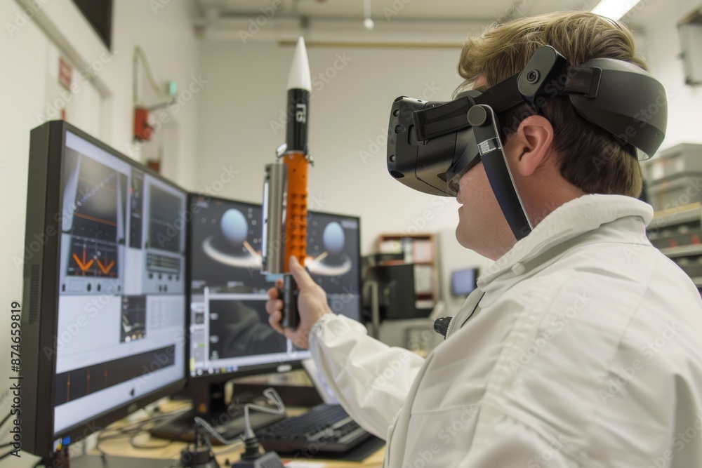 Man in VR Headset Holding a Rocket Model Man in VR Headset Holding a Rocket Model
