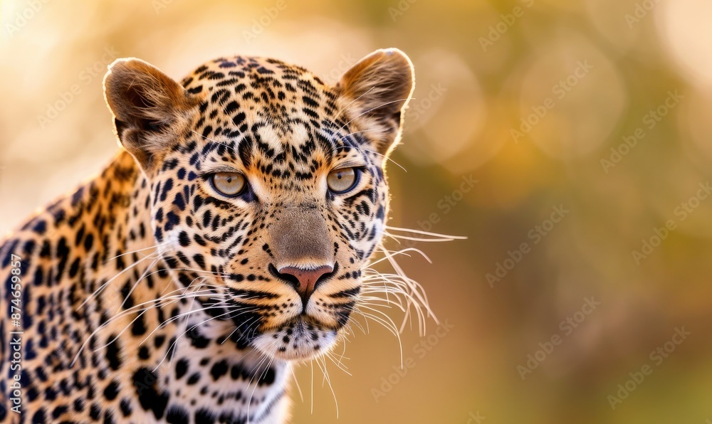 Obraz premium Close-up of a majestic leopard in the wild, with a blurred, golden background, capturing the beauty and intensity of this magnificent predator.