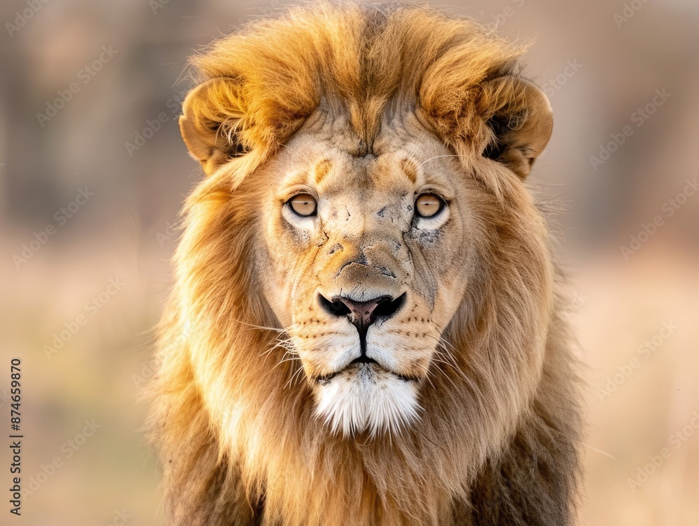 Fototapeta premium Close-up of a majestic lion with a mane, showcasing the beauty and power of wildlife in their natural habitat.