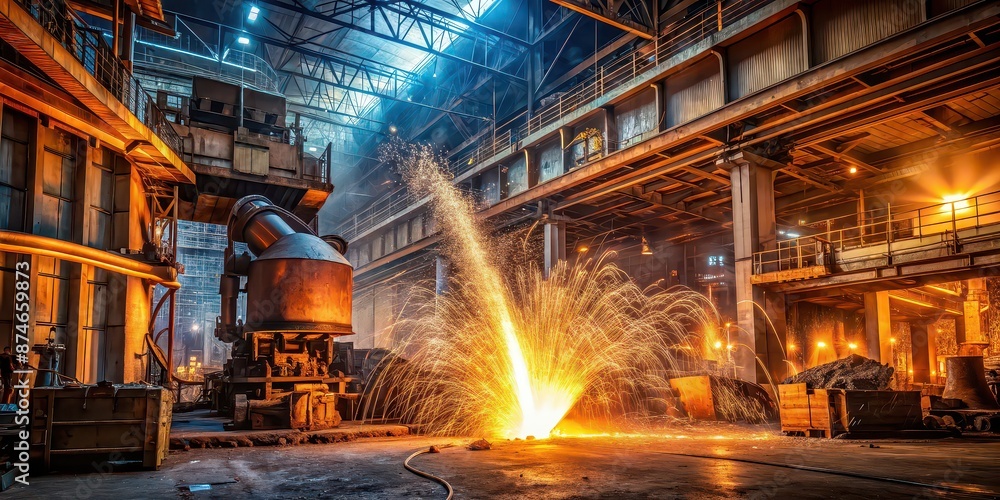 Nighttime steel factory illuminated with metal sparks flying in a fiery blaze, showcasing the blacksmith's craft , Steel Nighttime steel factory illuminated with metal sparks flying in a fiery blaze, showcasing the blacksmith's craft , Steel