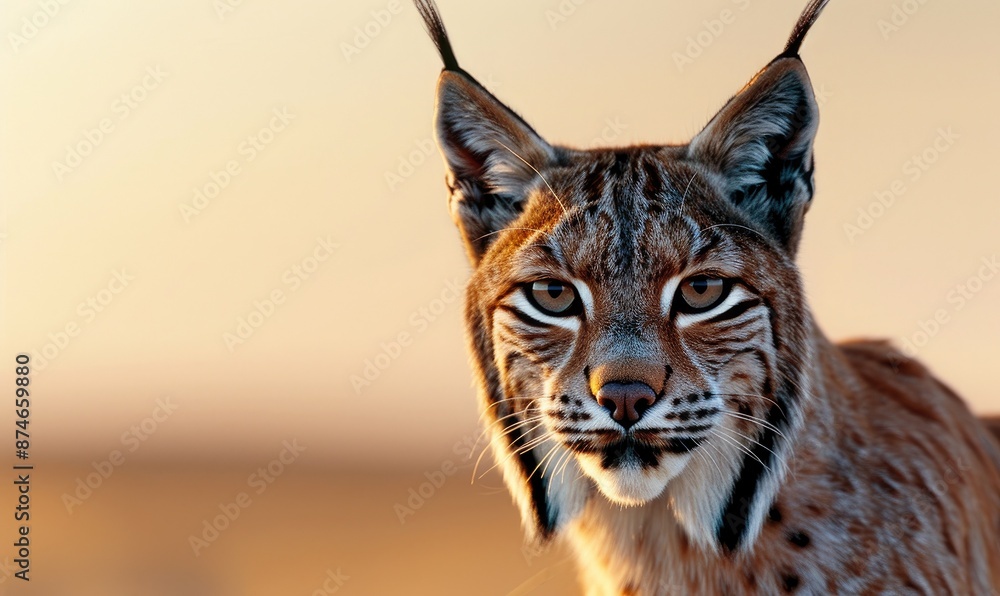 Obraz premium Close-up of a majestic lynx gazing into the distance with a warm sunset in the background.
