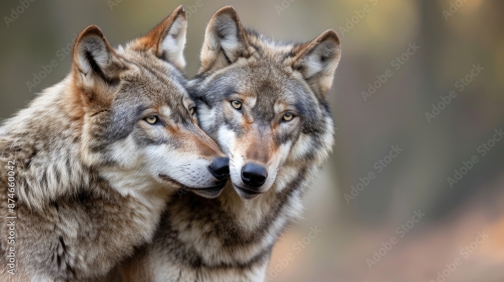 Close-up of two wolves in a natural habitat, showcasing their intense gaze and thick fur against a blurred background of woods. Close-up of two wolves in a natural habitat, showcasing their intense gaze and thick fur against a blurred background of woods.