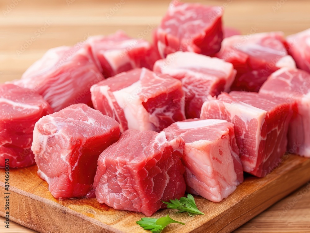 Close-up view of fresh raw pork cubes on a wooden cutting board, ready for cooking. High-quality meat photograph. Close-up view of fresh raw pork cubes on a wooden cutting board, ready for cooking. High-quality meat photograph.