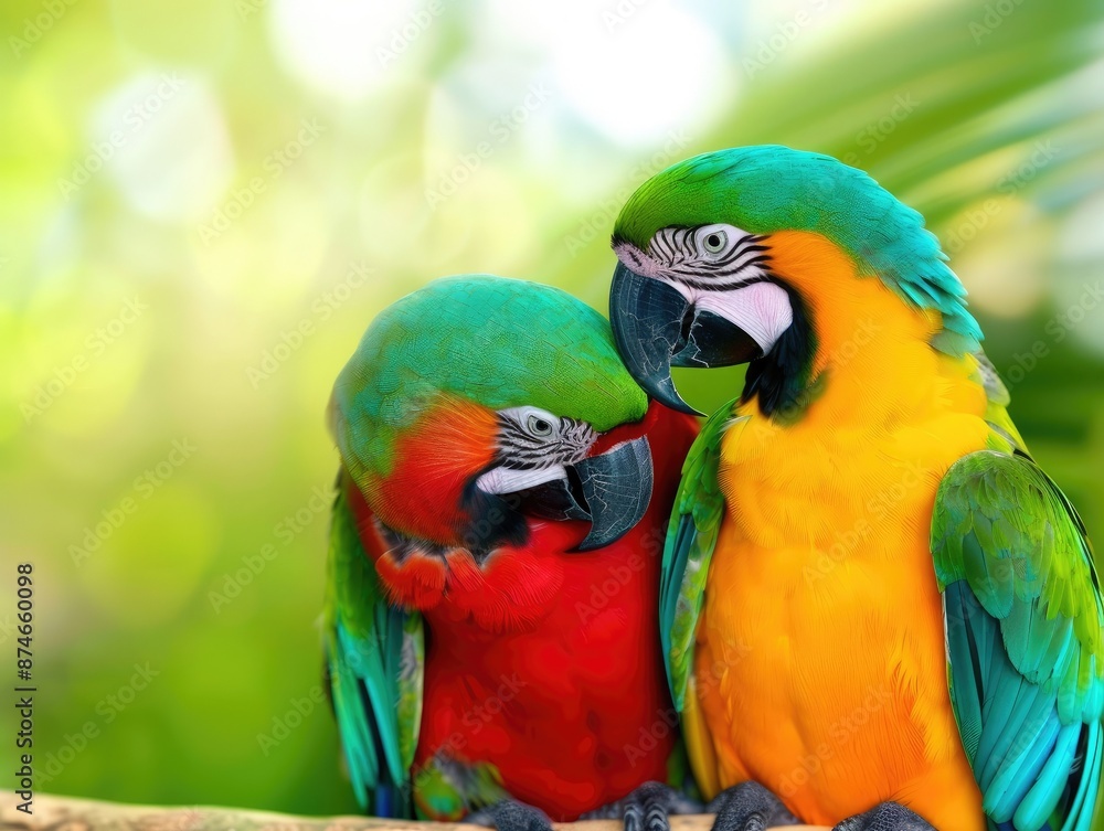 Colorful parrots cuddling on a branch against a vibrant green and yellow background, portraying love and companionship in the wild. Colorful parrots cuddling on a branch against a vibrant green and yellow background, portraying love and companionship in the wild.
