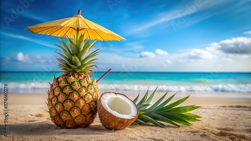 Refreshing tropical cocktail on a beach with pineapple, coconut, and umbrella , cocktail, tropical, drink, beach, pineapple © Sujid