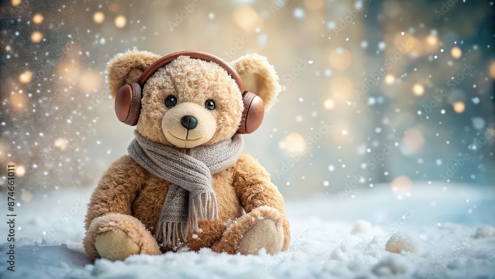 Single light brown bear wearing a scarf and earmuffs surrounded by snow in a cozy winter setting, bear, winter, animal, Christmas,cozy Single light brown bear wearing a scarf and earmuffs surrounded by snow in a cozy winter setting, bear, winter, animal, Christmas,cozy
