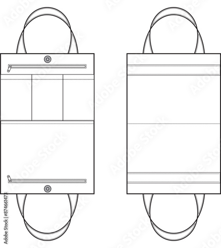 Technical drawing of a handbag with zippers, handles, pockets, and a magnetic button.